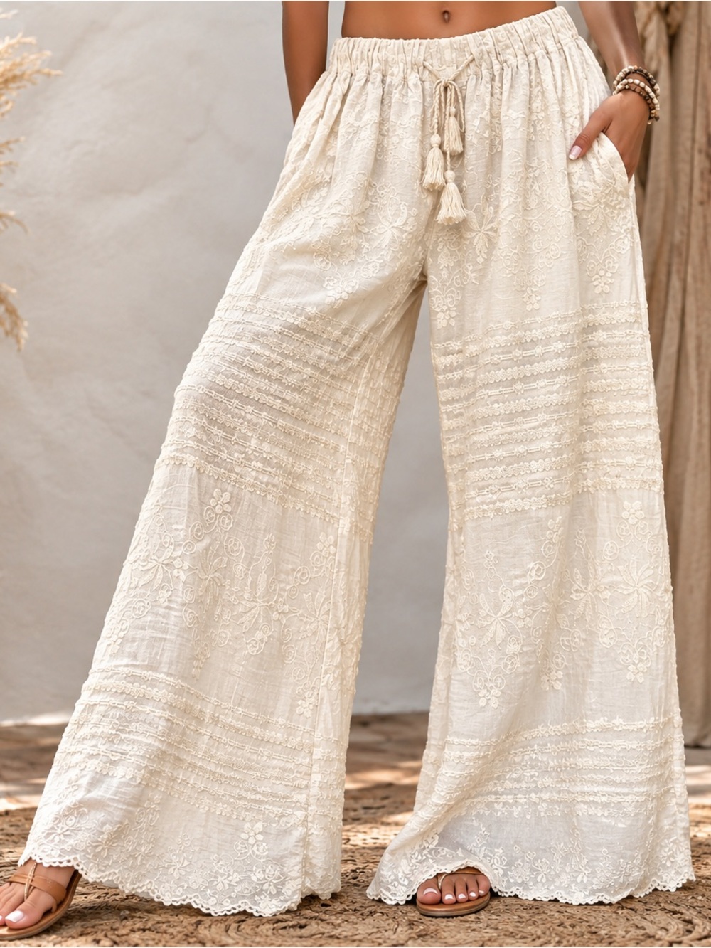 POL Woven Linen-Blend Embroidered
Boho Palazzo Pants Cream Wide Leg
Trousers